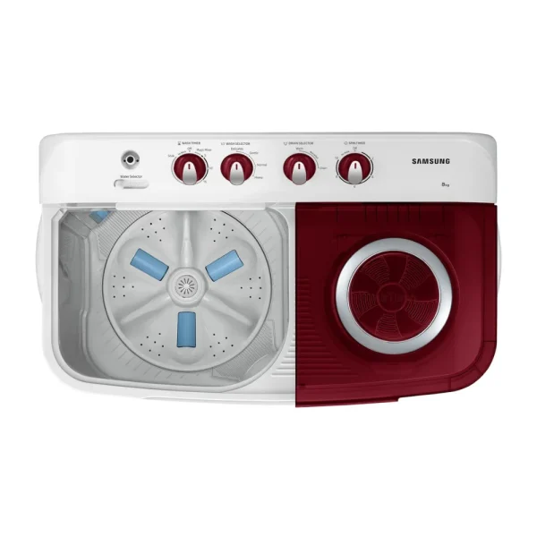 Samsung 8 Kg 5 Star Semi Automatic Top Load Washing Machine WT80C4000RR | Air Turbo Drying, Double Storm Pulsator, Rust-Proof Body, Light Gray with Wine Base Samsung 8 Kg 5 Star Semi Automatic Top Load Washing Machine WT80C4000RR | Air Turbo Drying, Double Storm Pulsator, Rust-Proof Body, Light Gray with Wine Base