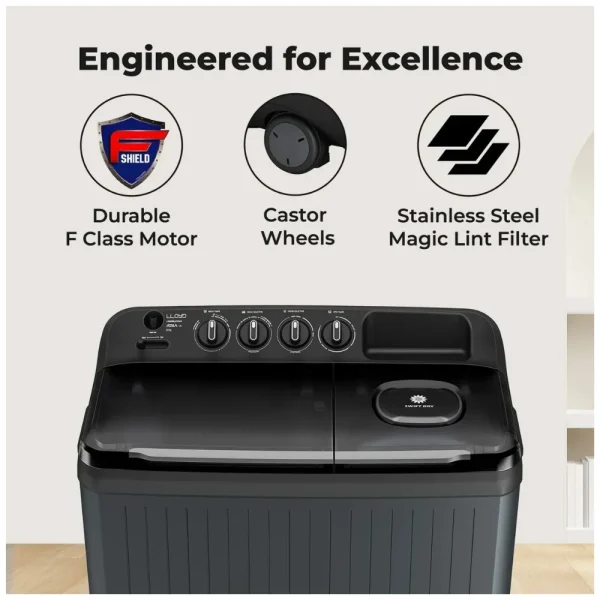 LLOYD 7 Kg Semi-Automatic Washing Machine GLWS705ARDVG | 5 Star Energy Rating | Swift Dry | Magic Filter | 5 Year Motor Warranty