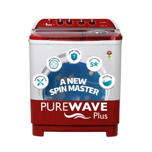 SHARP 8.0 kg 5 Star Semi-Automatic Top Loading Washing Machine ES-SD80NB-TR (Ruby Red) | Quadroniq Pulsator, 1300 RPM, Wave Dry Ring