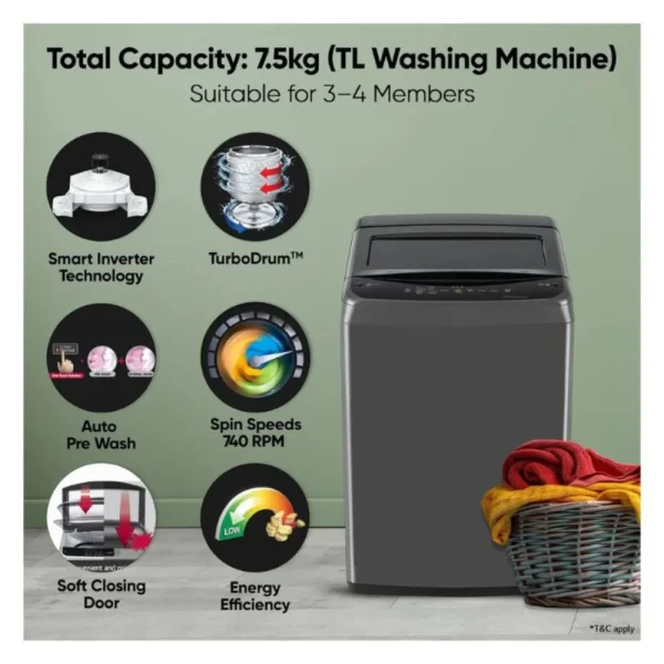 LG T75VBMB1S 7.5KG Washing Machine – Energy Efficient Top Load Washer for Home LG T75VBMB1S 7.5KG Washing Machine – Energy Efficient Top Load Washer for Home