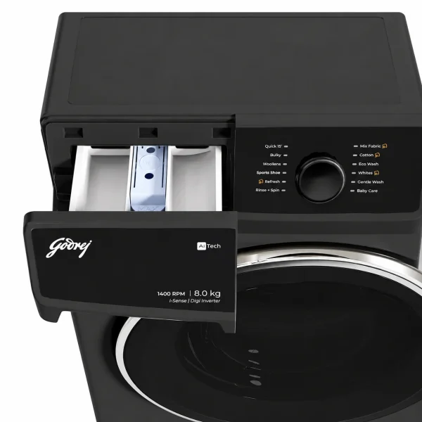 Godrej EON Regalis 9kg WF EON RGL 9014 5.0 IDCRM MT BK Front Load Washing Machine | AI-Powered 1400 RPM BLDC Motor | 5 Star Energy Rating | Steam Wash & Hygiene Care | Black Godrej EON Regalis 9kg WF EON RGL 9014 5.0 IDCRM MT BK Front Load Washing Machine | AI-Powered 1400 RPM BLDC Motor | 5 Star Energy Rating | Steam Wash & Hygiene Care | Black