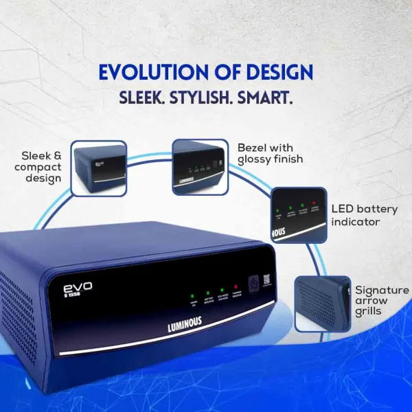 Luminous EVO S 1550 1400VA Pure Sine Wave Inverter for Home & Office Power Backup | Supports 12V Single Battery | Advanced LVFC Charging Technology Luminous EVO S 1550 1400VA Pure Sine Wave Inverter for Home & Office Power Backup | Supports 12V Single Battery | Advanced LVFC Charging Technology