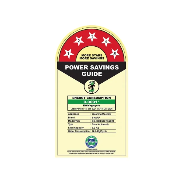 Sharp ES-SD80NB-TS 8KG Semi-Automatic Washing Machine with Quadroniq Pulsator & 5-Star Energy Rating