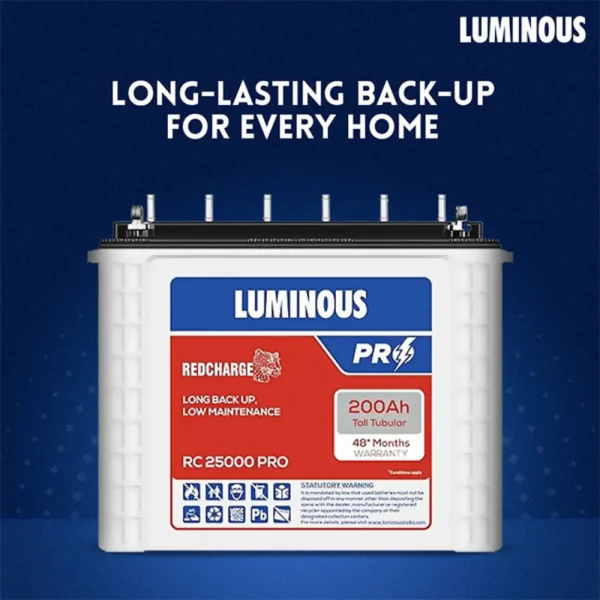 Luminous RC25000 Pro 200Ah Tall Tubular Inverter Battery 12V Luminous RC25000 Pro 200Ah Tall Tubular Inverter Battery 12V