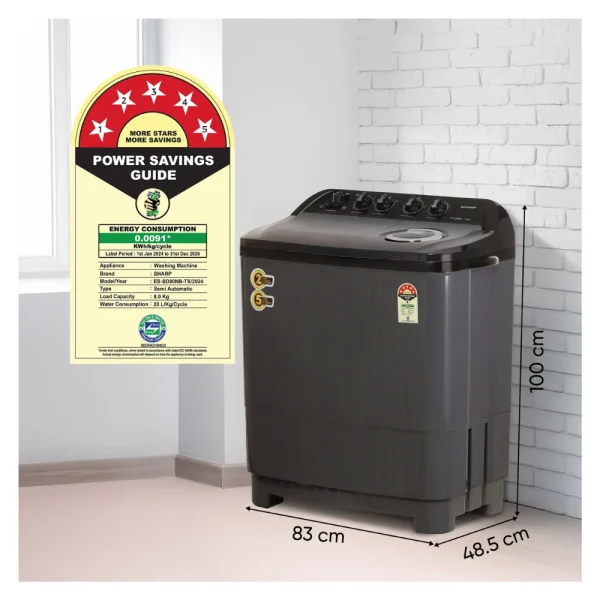 Sharp ES-SD80NB-TS 8KG Semi-Automatic Washing Machine with Quadroniq Pulsator & 5-Star Energy Rating