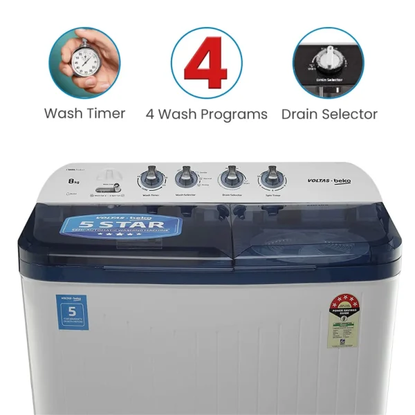 Voltas Beko WTT80DBLT 8 Kg Semi-Automatic Top Load Washing Machine | 1300 RPM | 5 Star Energy Rating Voltas Beko WTT80DBLT 8 Kg Semi-Automatic Top Load Washing Machine | 1300 RPM | 5 Star Energy Rating