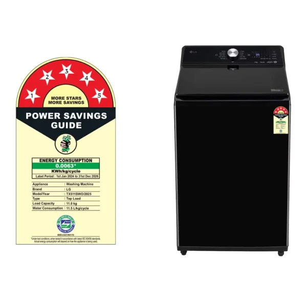 LG 11Kg Top Load Washing Machine TX511SWO | AI Direct Drive™, In-Built Heater, Steam Wash, Wi-Fi Enabled, 5 Star Energy Rating | Black LG 11Kg Top Load Washing Machine TX511SWO | AI Direct Drive™, In-Built Heater, Steam Wash, Wi-Fi Enabled, 5 Star Energy Rating | Black