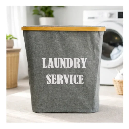 AJS B6-4 Grey Square Cloth Laundry Bag with Bamboo Lid AJS B6-4 Grey Square Cloth Laundry Bag with Bamboo Lid