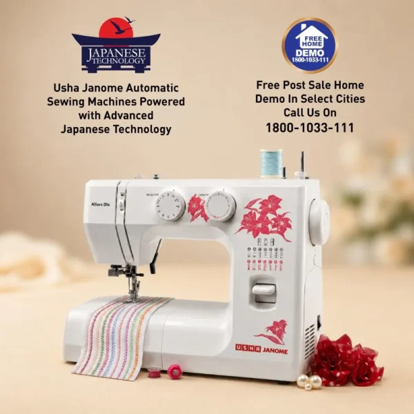 USHA Janome Allure Deluxe Fully Automatic Sewing Machine with 13 Built-in Stitches, Auto Needle Threader & LED Sewing Light USHA Janome Allure Deluxe Fully Automatic Sewing Machine with 13 Built-in Stitches, Auto Needle Threader & LED Sewing Light
