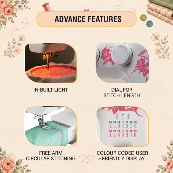 USHA Janome Allure Deluxe Fully Automatic Sewing Machine with 13 Built-in Stitches, Auto Needle Threader & LED Sewing Light USHA Janome Allure Deluxe Fully Automatic Sewing Machine with 13 Built-in Stitches, Auto Needle Threader & LED Sewing Light