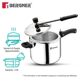 Bergner Argent Avinash 5 Litre Inner Lid Pressure Cooker | Aluminium Cooker with Safety System