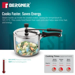 Bergner Argent Avinash 5 Litre Inner Lid Pressure Cooker | Aluminium Cooker with Safety System