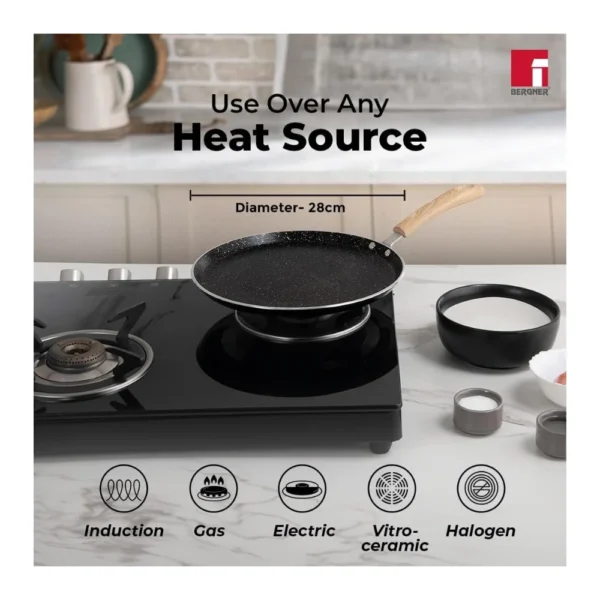 BERGNER Bellini Plus Aura 28cm Non Stick Dosa Tawa with 5 Layer Greblon Coating | Induction Compatible Cookware