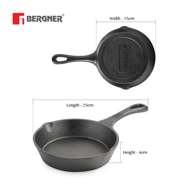 Bergner Eco Cast Iron Skillet 15cm BGIN 6440 | Pre-Seasoned Induction & Gas Stove Compatible Fry Pan