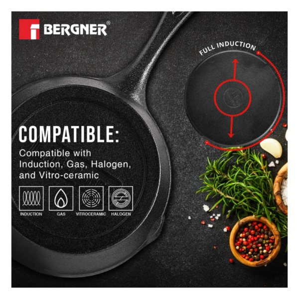 Bergner Eco Cast Iron Skillet 15cm BGIN 6440 | Pre-Seasoned Induction & Gas Stove Compatible Fry Pan