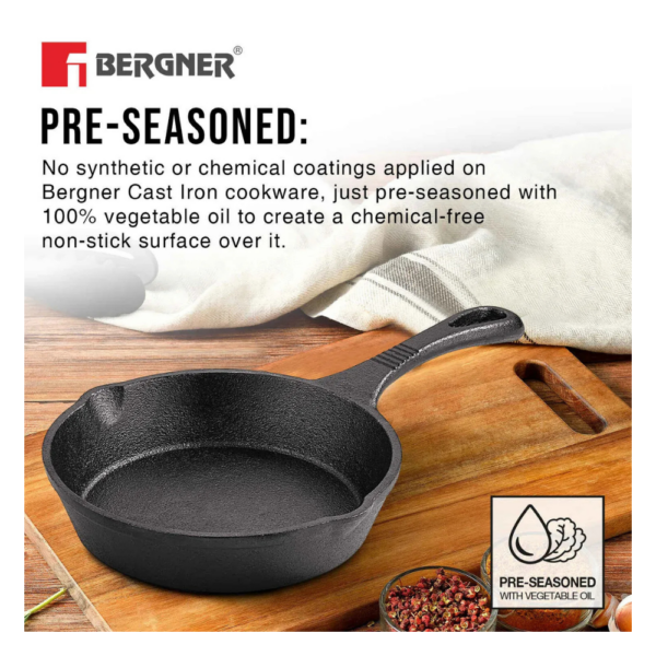 Bergner Eco Cast Iron Skillet 15cm BGIN 6440 | Pre-Seasoned Induction & Gas Stove Compatible Fry Pan