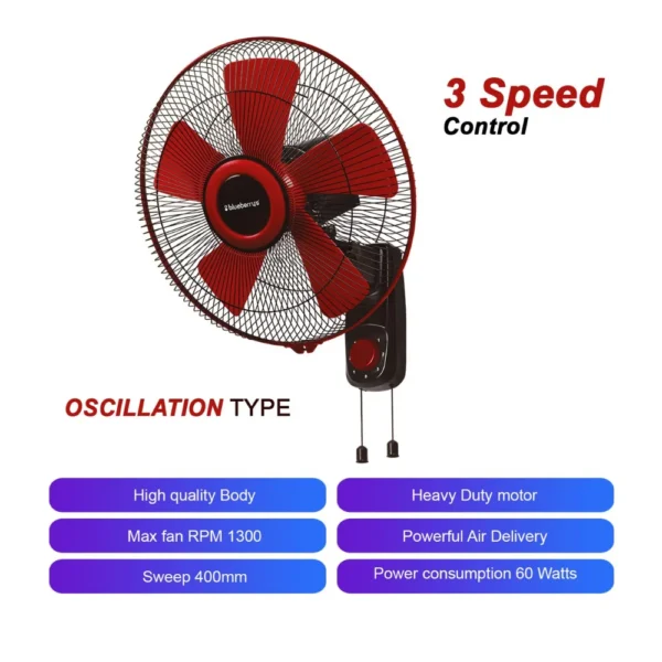 Blueberry's Ozone 16 Wall Fan 5 Leaf | 1300 RPM High Speed Wall Mounted Fan | Red Black Blueberry's Ozone 16 Wall Fan 5 Leaf | 1300 RPM High Speed Wall Mounted Fan | Red Black