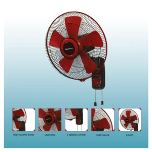 Blueberry's Ozone 16 Wall Fan 5 Leaf | 1300 RPM High Speed Wall Mounted Fan | Red Black Blueberry's Ozone 16 Wall Fan 5 Leaf | 1300 RPM High Speed Wall Mounted Fan | Red Black