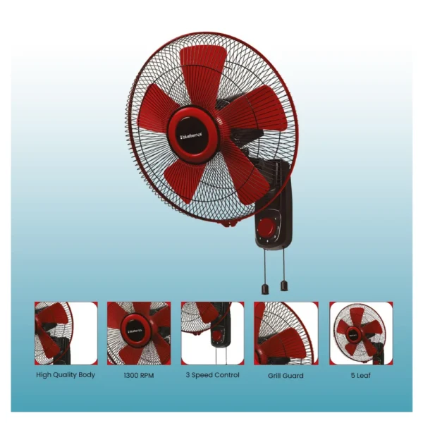 Blueberry's Ozone 16 Wall Fan 5 Leaf | 1300 RPM High Speed Wall Mounted Fan | Red Black Blueberry's Ozone 16 Wall Fan 5 Leaf | 1300 RPM High Speed Wall Mounted Fan | Red Black
