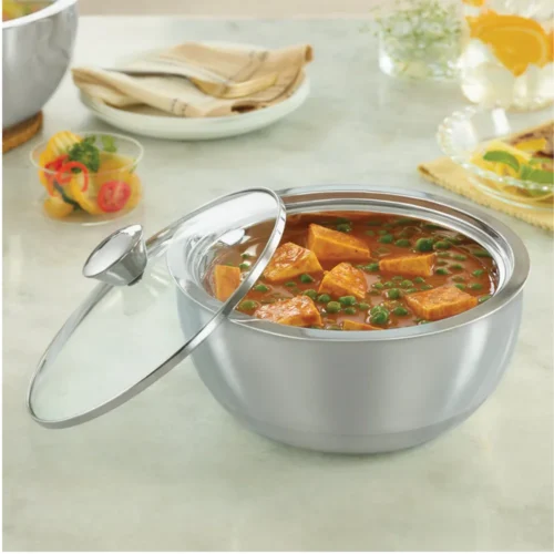 Borosil SS Curry Server 900ml | Stainless Steel Insulated Hot Food Server with Glass Lid | ServeFresh Curry Dish