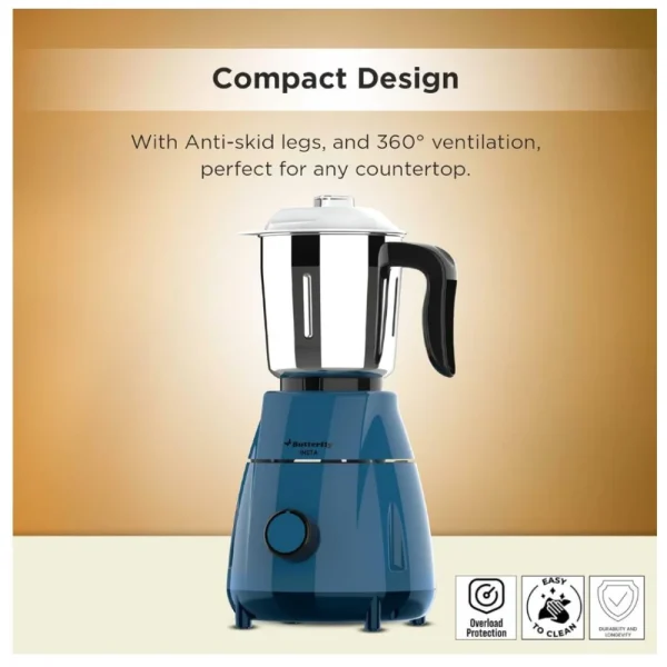 Butterfly Insta 500W Mixer Grinder 3 Jar Aqua Marine | Powerful Copper Motor, ABS Body, Overload Protection