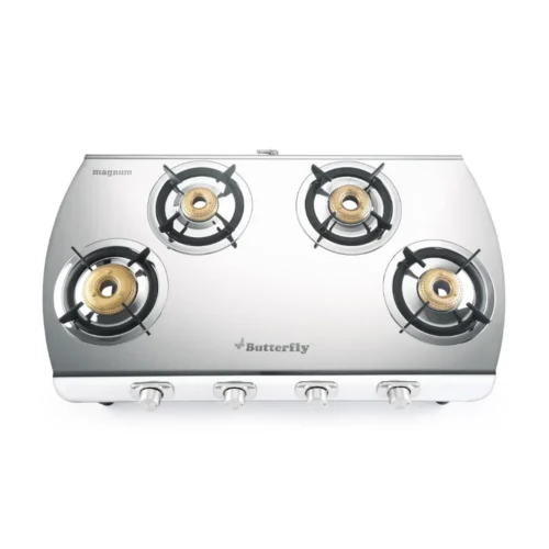 Butterfly Magnum 4 Burner Stainless Steel LPG Gas Stove | Dura Forged Brass Burners | Rust Proof Body | Heavy Duty Pan Stand
