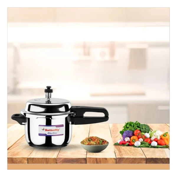 Butterfly Blueline 3 Litre Stainless Steel Pressure Cooker | Induction & Gas Compatible Cooker with Triple Safety System Butterfly Blueline 3 Litre Stainless Steel Pressure Cooker | Induction & Gas Compatible Cooker with Triple Safety System