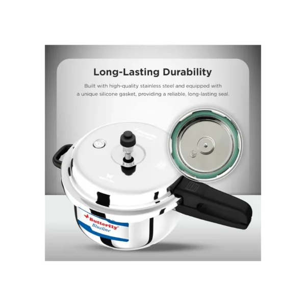 Butterfly Blueline 3 Litre Stainless Steel Pressure Cooker | Induction & Gas Compatible Cooker with Triple Safety System Butterfly Blueline 3 Litre Stainless Steel Pressure Cooker | Induction & Gas Compatible Cooker with Triple Safety System