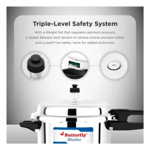 Butterfly Blueline 3 Litre Stainless Steel Pressure Cooker | Induction & Gas Compatible Cooker with Triple Safety System Butterfly Blueline 3 Litre Stainless Steel Pressure Cooker | Induction & Gas Compatible Cooker with Triple Safety System