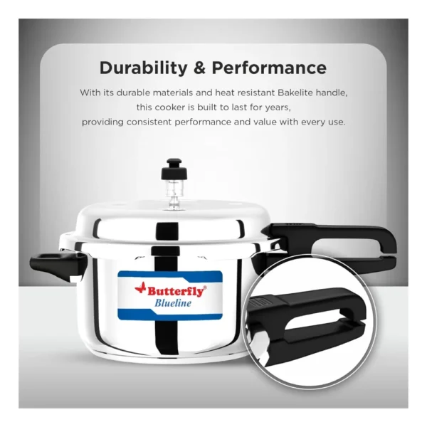 Butterfly Blueline 3 Litre Stainless Steel Pressure Cooker | Induction & Gas Compatible Cooker with Triple Safety System Butterfly Blueline 3 Litre Stainless Steel Pressure Cooker | Induction & Gas Compatible Cooker with Triple Safety System