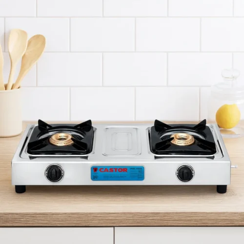 Castor 2 Burner Stainless Steel Gas Stove | Brass Burners & Compact Kitchen Cooktop