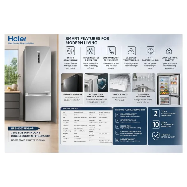 Haier HRB 4052PMGA-P 355L Bottom Mounted Frost Free Refrigerator with Inverter Compressor Haier HRB 4052PMGA-P 355L Bottom Mounted Frost Free Refrigerator with Inverter Compressor