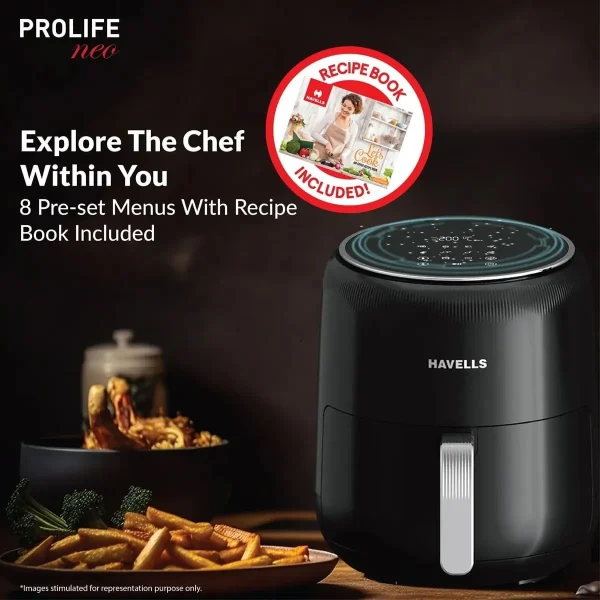 Havells Prolife Neo MII 4.5L 1500W Digital Air Fryer with 8 Preset Modes | Oil-Free Healthy Cooking Black Air Fryer Havells Prolife Neo MII 4.5L 1500W Digital Air Fryer with 8 Preset Modes | Oil-Free Healthy Cooking Black Air Fryer
