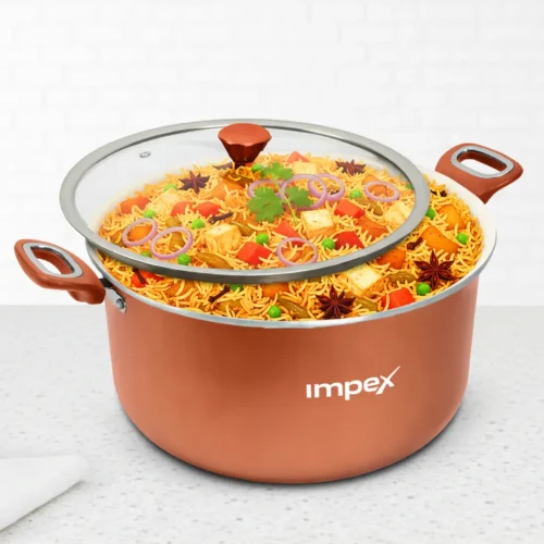 Impex Trucera 10L Ceramic Non Stick Biriyani Pot with Glass Lid | Induction Compatible Heavy Base Cookware Impex Trucera 10L Ceramic Non Stick Biriyani Pot with Glass Lid | Induction Compatible Heavy Base Cookware