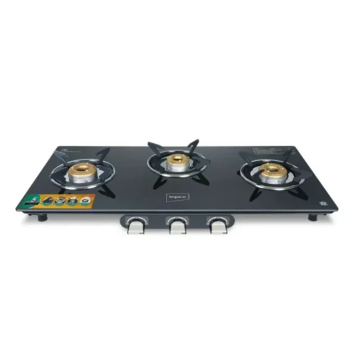 Impex Aira 3B 3 Burner Gas Stove | Toughened Glass Top LPG Cooktop with Brass Burners Impex Aira 3B 3 Burner Gas Stove | Toughened Glass Top LPG Cooktop with Brass Burners