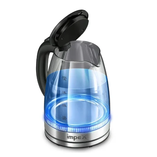 Impex GK18 Electric Glass Kettle 1.8L 1500W Borosilicate Steamer with Auto Shut Off & LED Light – Fast Boiling Kitchen Appliance Impex GK18 Electric Glass Kettle 1.8L 1500W Borosilicate Steamer with Auto Shut Off & LED Light – Fast Boiling Kitchen Appliance