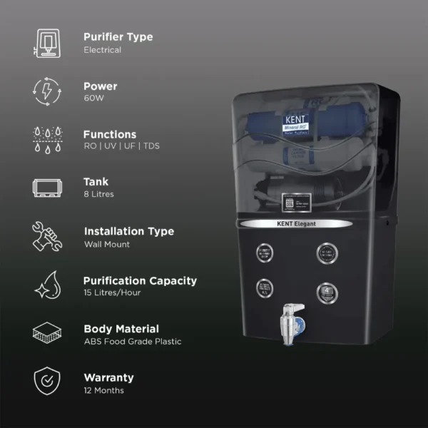KENT Elegant Mineral RO Water Purifier 8L | RO+UV+UF+TDS Water Purifier with Mineral Technology