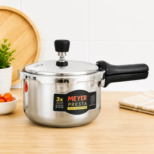 Meyer Triply Stainless Steel Pressure Cooker 5.5 Litre | ISI Certified Induction Base Cooker Online Kerala Meyer Triply Stainless Steel Pressure Cooker 5.5 Litre | ISI Certified Induction Base Cooker Online Kerala