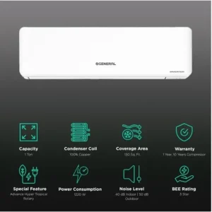 O General 1 Ton 3 Star Inverter Split AC (ASGG12CPAA-B) with Coanda Airflow 10m, Copper Condenser & Anti-Bacterial Filter Energy Efficient Cooling