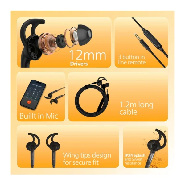 Philips TAA1009 AMJ In-Ear Sports Wired Earphones with Mic | 12mm Bass Drivers & IPX4 Sweat Resistant Philips TAA1009 AMJ In-Ear Sports Wired Earphones with Mic | 12mm Bass Drivers & IPX4 Sweat Resistant