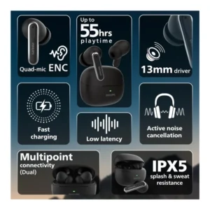 Philips TWS TAT1150BK/94 Wireless Earbuds with ANC, 55 Hours Playtime & 13mm Drivers Philips TWS TAT1150BK/94 Wireless Earbuds with ANC, 55 Hours Playtime & 13mm Drivers