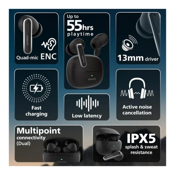 Philips TWS TAT1150BK/94 Wireless Earbuds with ANC, 55 Hours Playtime & 13mm Drivers Philips TWS TAT1150BK/94 Wireless Earbuds with ANC, 55 Hours Playtime & 13mm Drivers