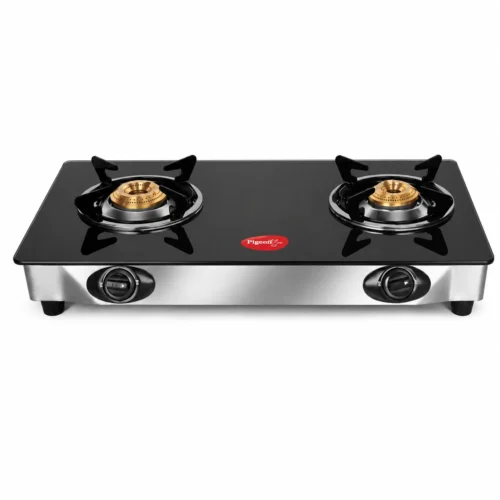 Pigeon Ayush Black 2 Burner Gas Stove | Toughened Glass Top | Brass Burners | Manual Ignition Pigeon Ayush Black 2 Burner Gas Stove | Toughened Glass Top | Brass Burners | Manual Ignition