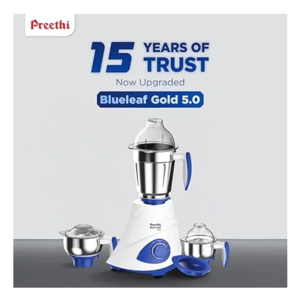 Preethi Blue Leaf Gold 5.0 MG279 750W Mixer Grinder with 3 Jars Dishwasher Safe Heavy Duty Kitchen Appliance