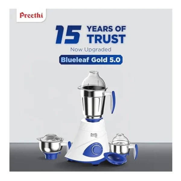 Preethi Blue Leaf Gold 5.0 MG279 750W Mixer Grinder with 3 Jars Dishwasher Safe Heavy Duty Kitchen Appliance
