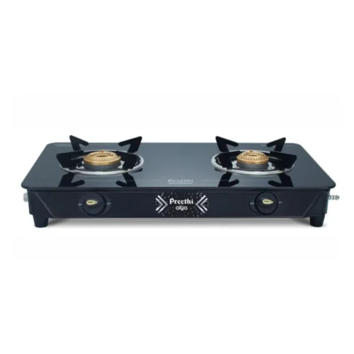 Preethi Alya 2 Burner Glass Top Gas Stove with Bati Stand – Manual Ignition Preethi Alya 2 Burner Glass Top Gas Stove with Bati Stand – Manual Ignition