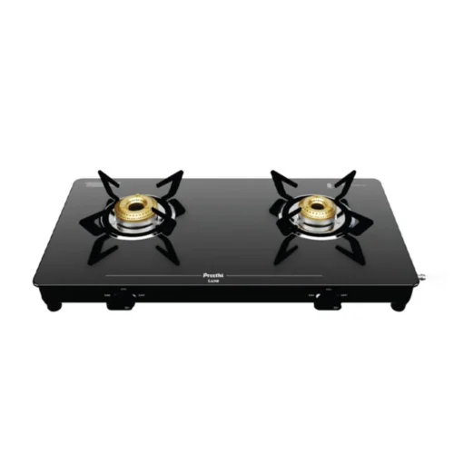 Preethi Luxe Pro 2 Burner Glass Top Gas Stove – Brass Burners, Infinity Design & Manual Ignition
