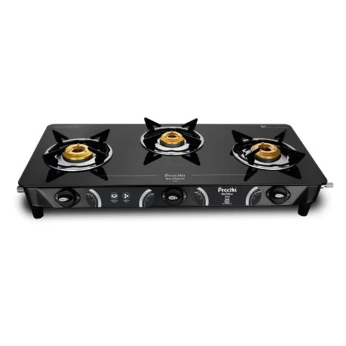 Preethi Zeal GTS124 3 Burner Glass Top Gas Stove | ISI Approved Toughened Glass | Brass Burners | Manual Ignition Preethi Zeal GTS124 3 Burner Glass Top Gas Stove | ISI Approved Toughened Glass | Brass Burners | Manual Ignition