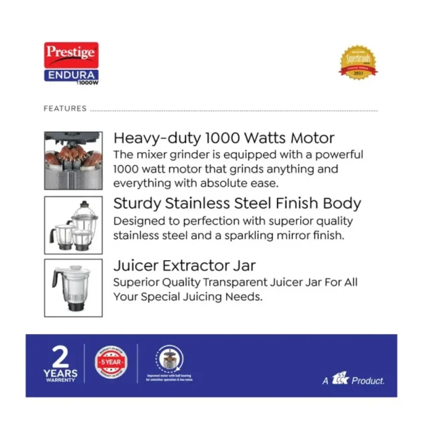Prestige Endura 1000W Mixer Grinder 4 Jar 42545 | Buy Prestige Heavy Duty Mixer Grinder