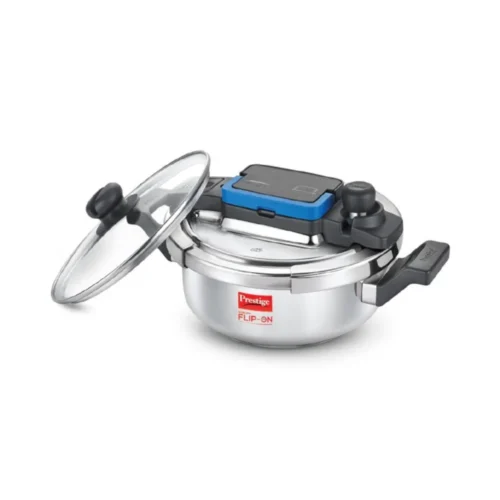 Prestige Svachh Flip-On Stainless Steel Pressure Cooker with Glass Lid | Spillage Control Cooker | Gas & Induction Compatible Prestige Svachh Flip-On Stainless Steel Pressure Cooker with Glass Lid | Spillage Control Cooker | Gas & Induction Compatible